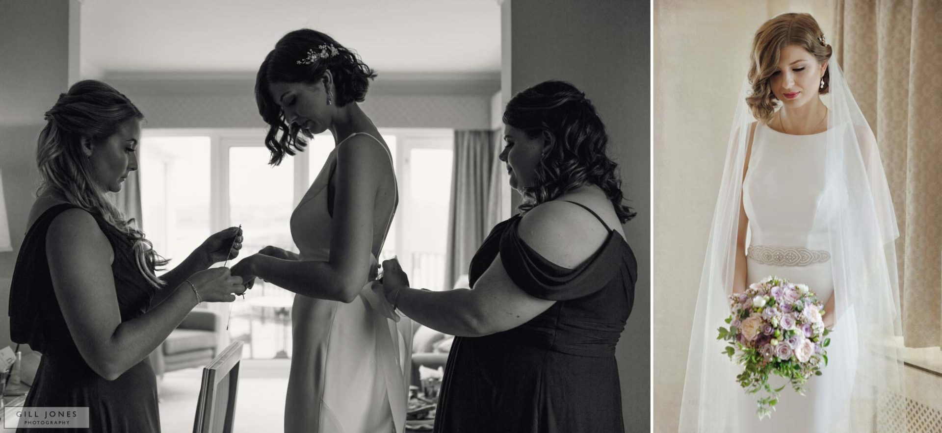 bridesmaids are preparing their bride for her wedding in trearddur bay
