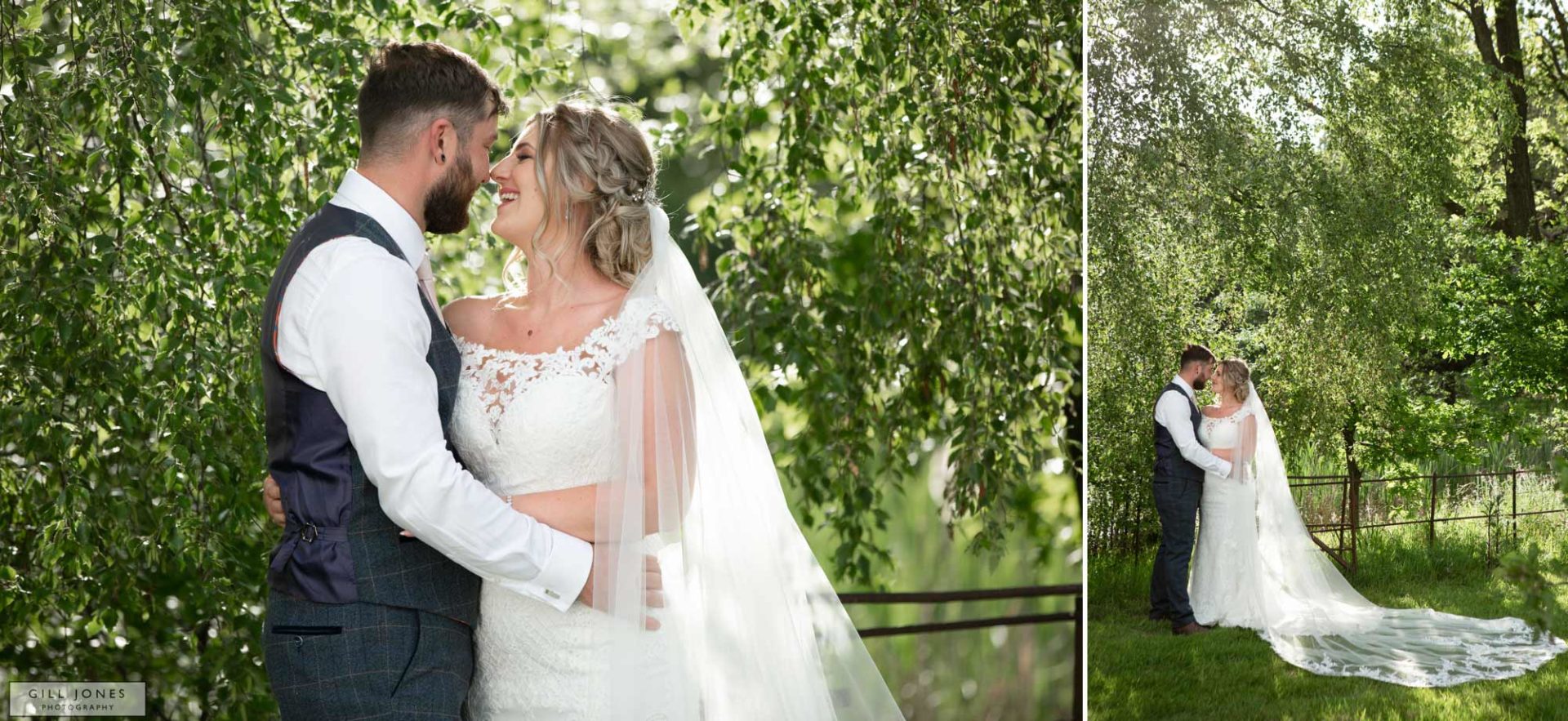 Bride and groom by Iscoyd Park's lake