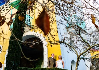 bride and groom at a Winter wedding at Portmeirion