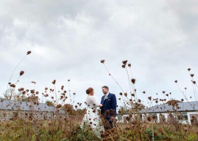 bride and groom hand in hand within seed heads at Henblas Angleseyby Anglesey wedding photographer Gill Jones Photography