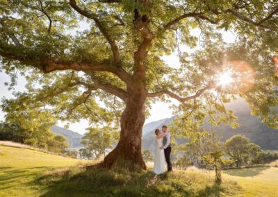 bride and groom embracing under a large tree with Llyn Gwynant in the background by Anglesey wedding photographer Gill Jones photography